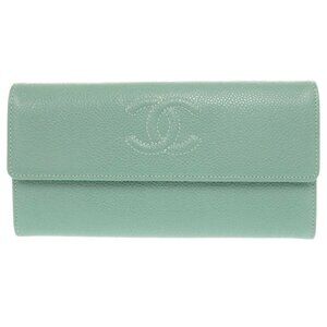 CHANEL Green Caviar Leather Logo Wallet